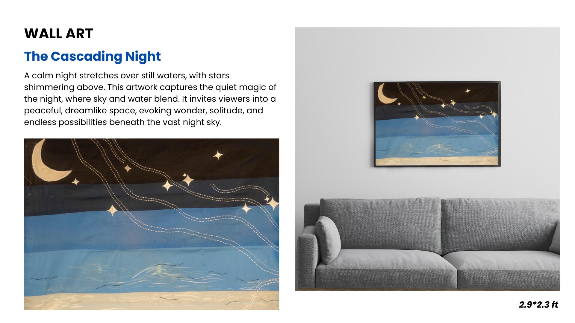 Textile Wall art description with a depiction of a night sky scene
