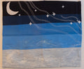 Fabric art piece with a night sky design featuring stars and a moon, hanging on a wall.