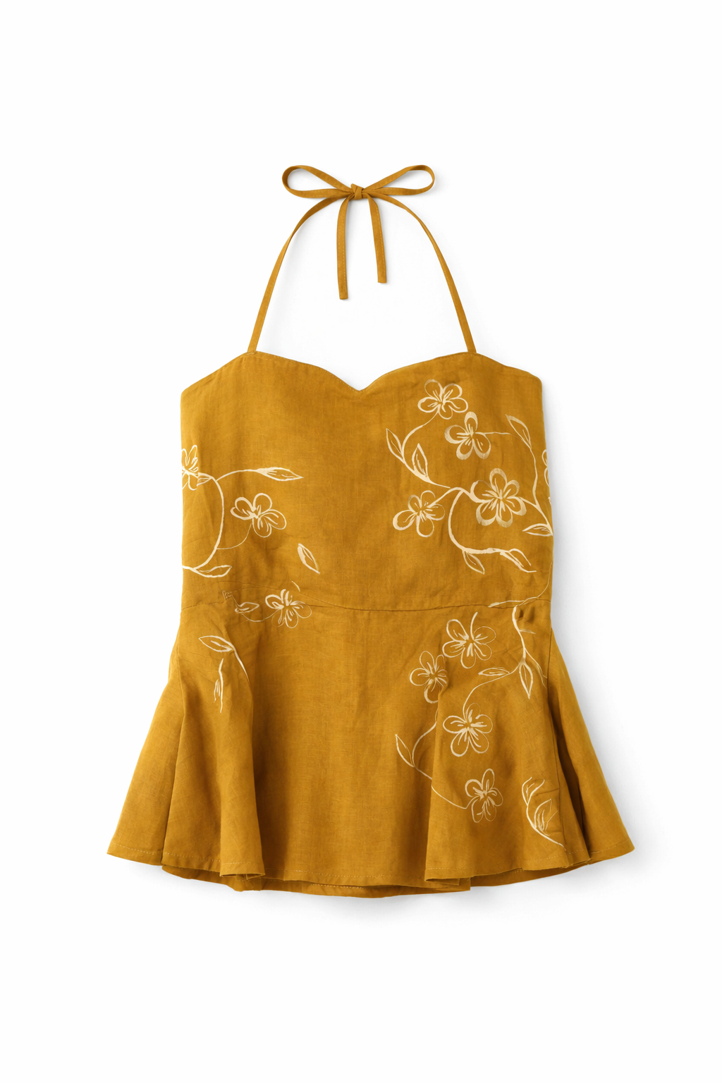 Mustard yellow halter top for summer with floral embroidery 