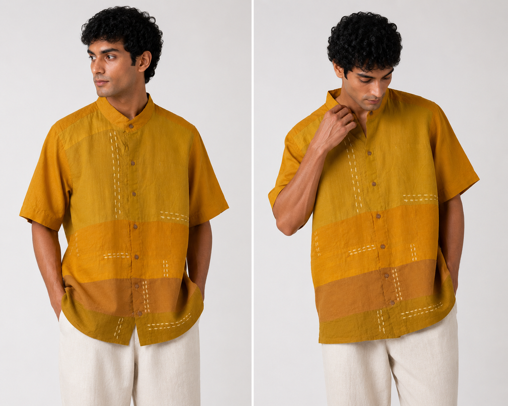 A man modeling a mustard yellow short-sleeve button-up shirt with horizontal patchwork panels and white embroidered details, shown in a side-by-side front and back view against a light gray studio background.