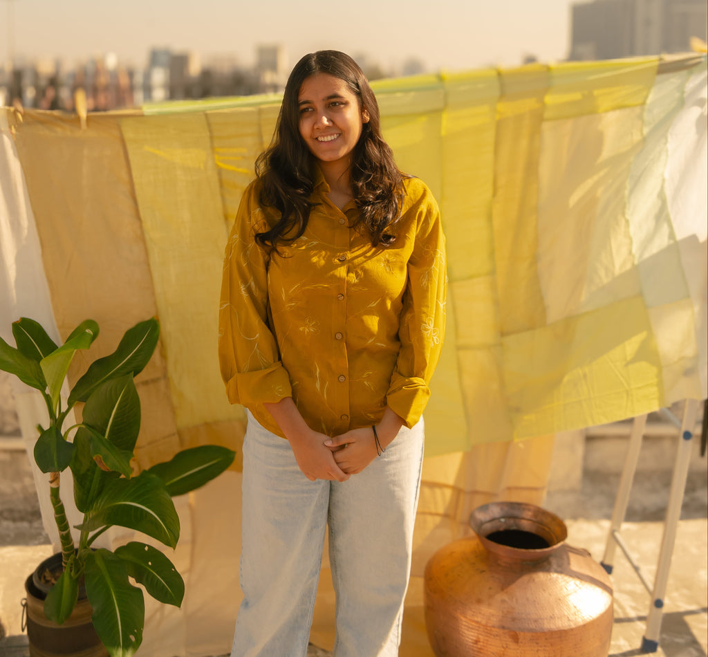 Relaxed fit mustard cotton shirt ith floral details
