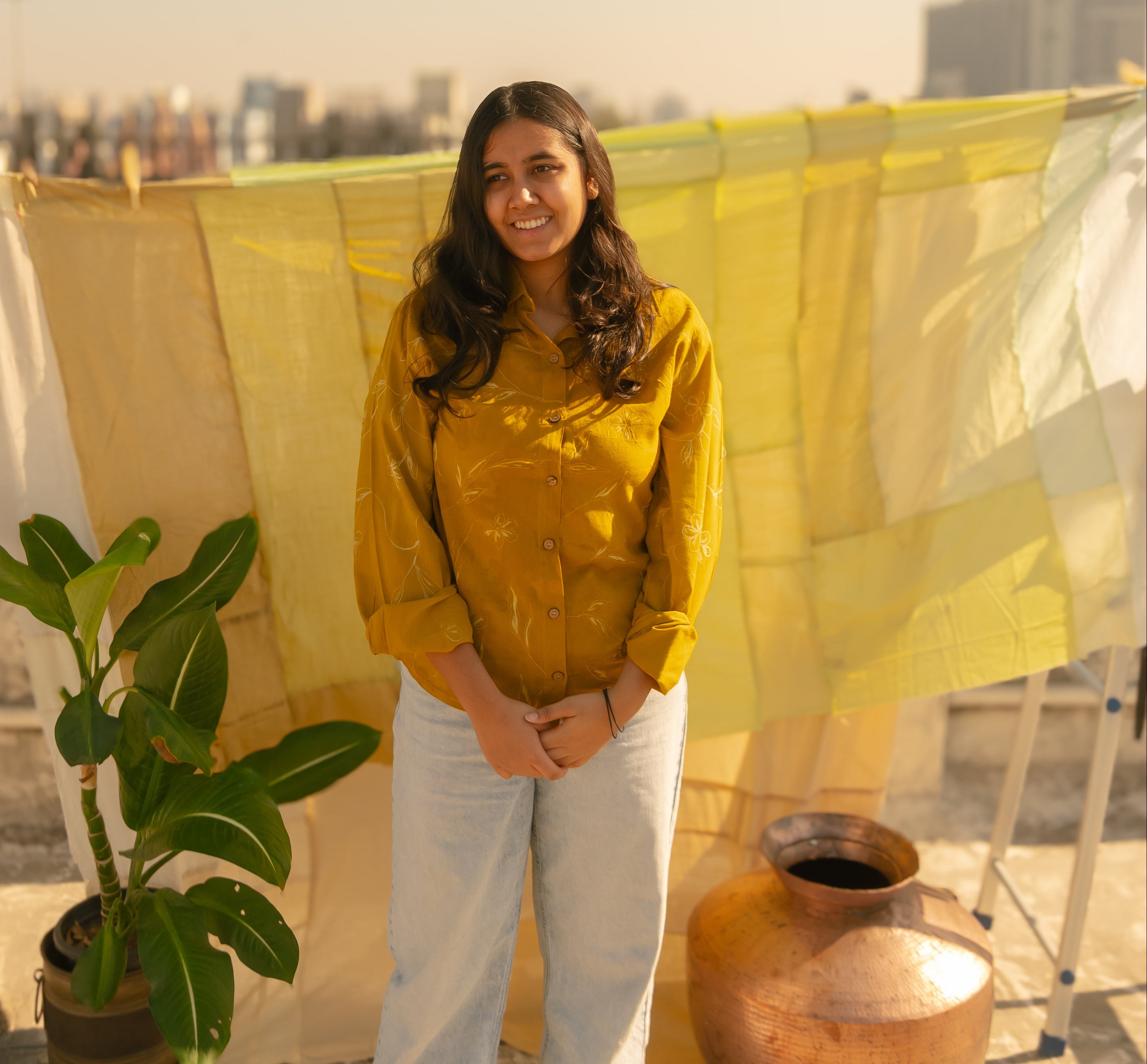 Relaxed fit mustard cotton shirt ith floral details