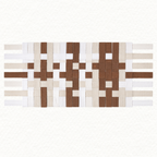 Woven table runner with a geometric pattern in brown, beige, and white on a white background