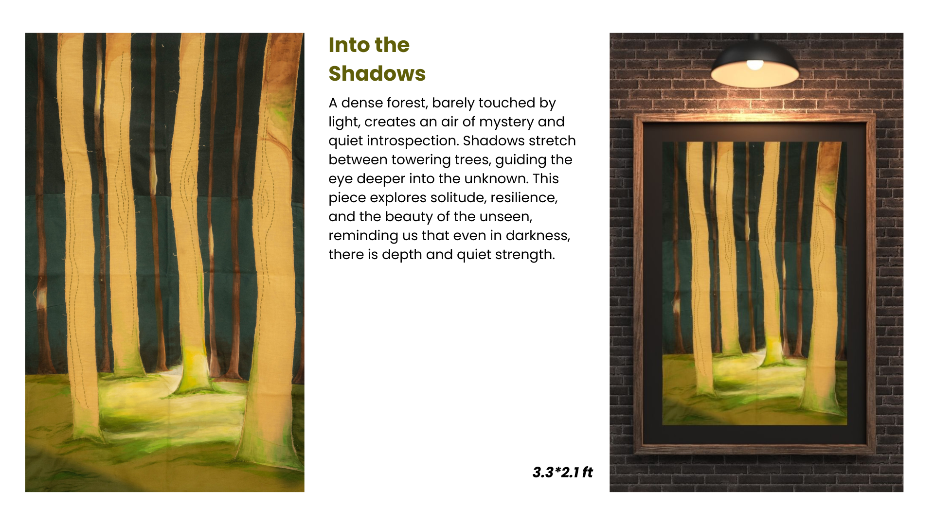 Artistic depiction of a forest with tall trees in a dark setting, framed against a brick wall.