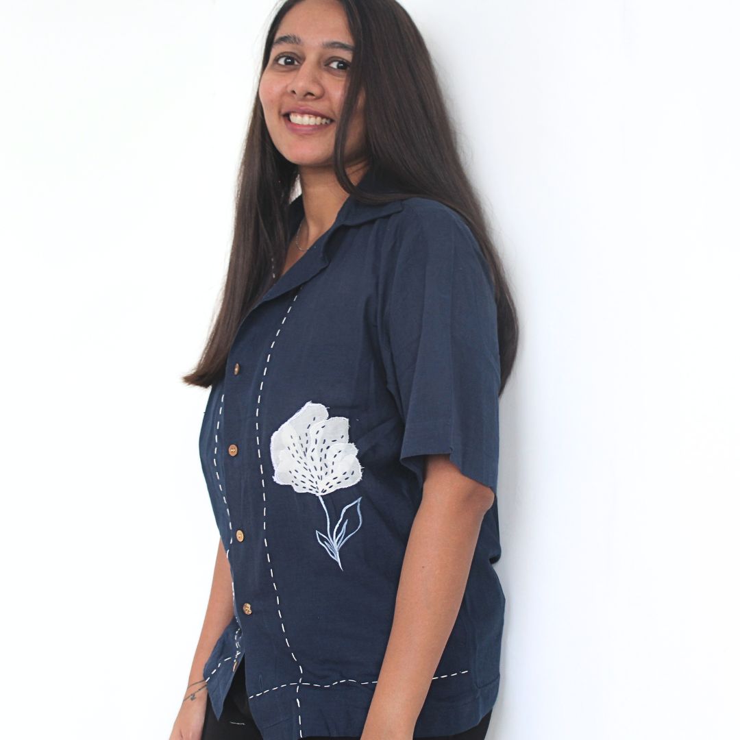 Blue white flower applique