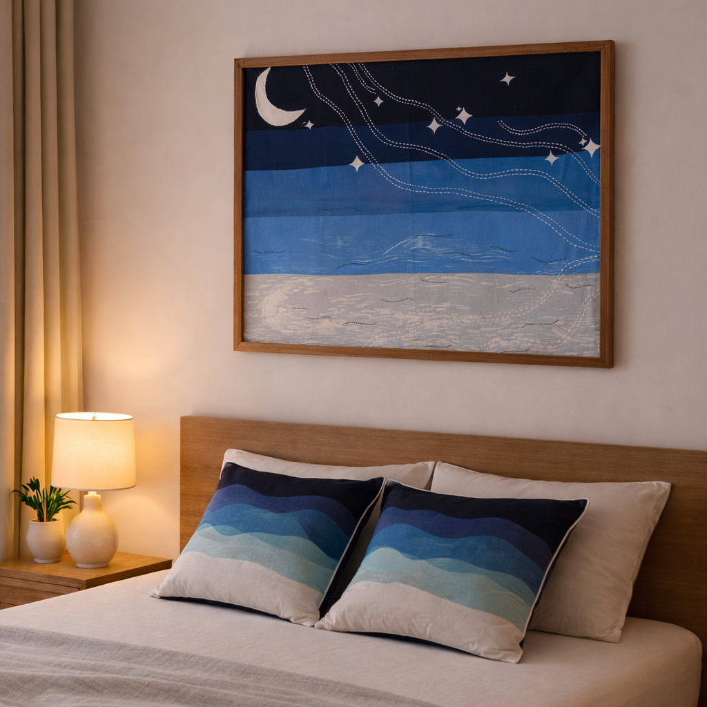 Bedroom with a bed featuring striped pillows, a framed night sky textile artwork on the wall, and a lamp.