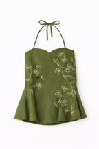 Olive green cotton halter top with floral detailing, lightweight summer top for casual outings and vacation styling.