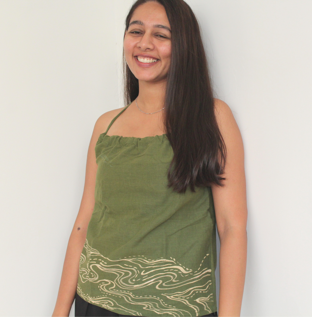 Olive green sleeveless cotton summer top with printed detailing, casual top for everyday wear and vacations.