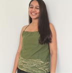 Olive green sleeveless cotton summer top with printed detailing, casual top for everyday wear and vacations.