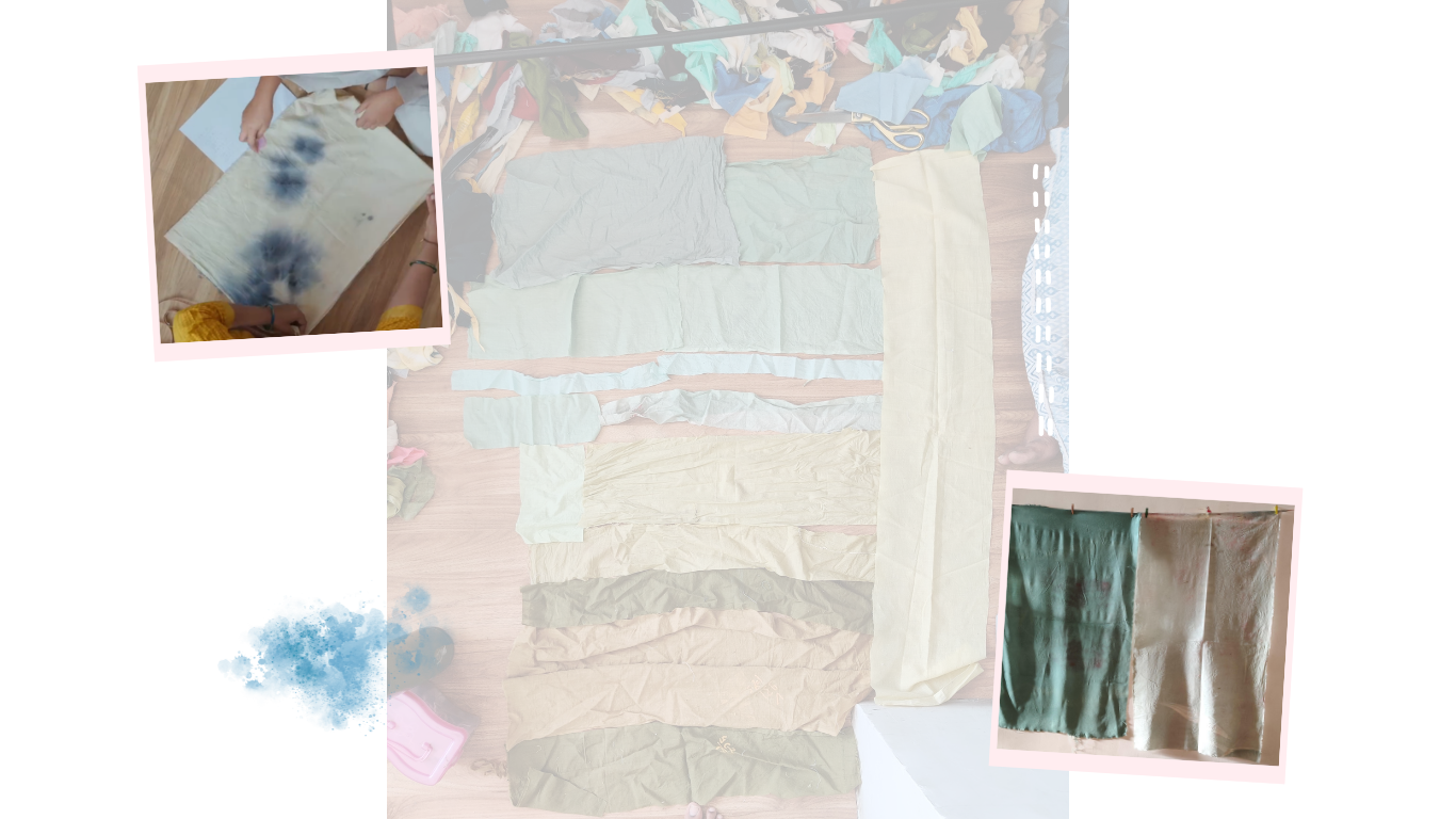 A collage-style product presentation showing multiple pastel-colored fabric garments or textiles laid out, with two inset photos showing a hand applying blue stained cloth and 2 different pieces which have colour differences and stains, showing the upcycling process