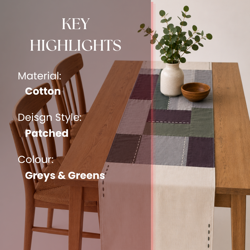Dining table with a patchwork tablecloth and wooden chairs, featuring key highlights on material, design style, and color.