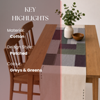 Dining table with a patchwork tablecloth and wooden chairs, featuring key highlights on material, design style, and color.
