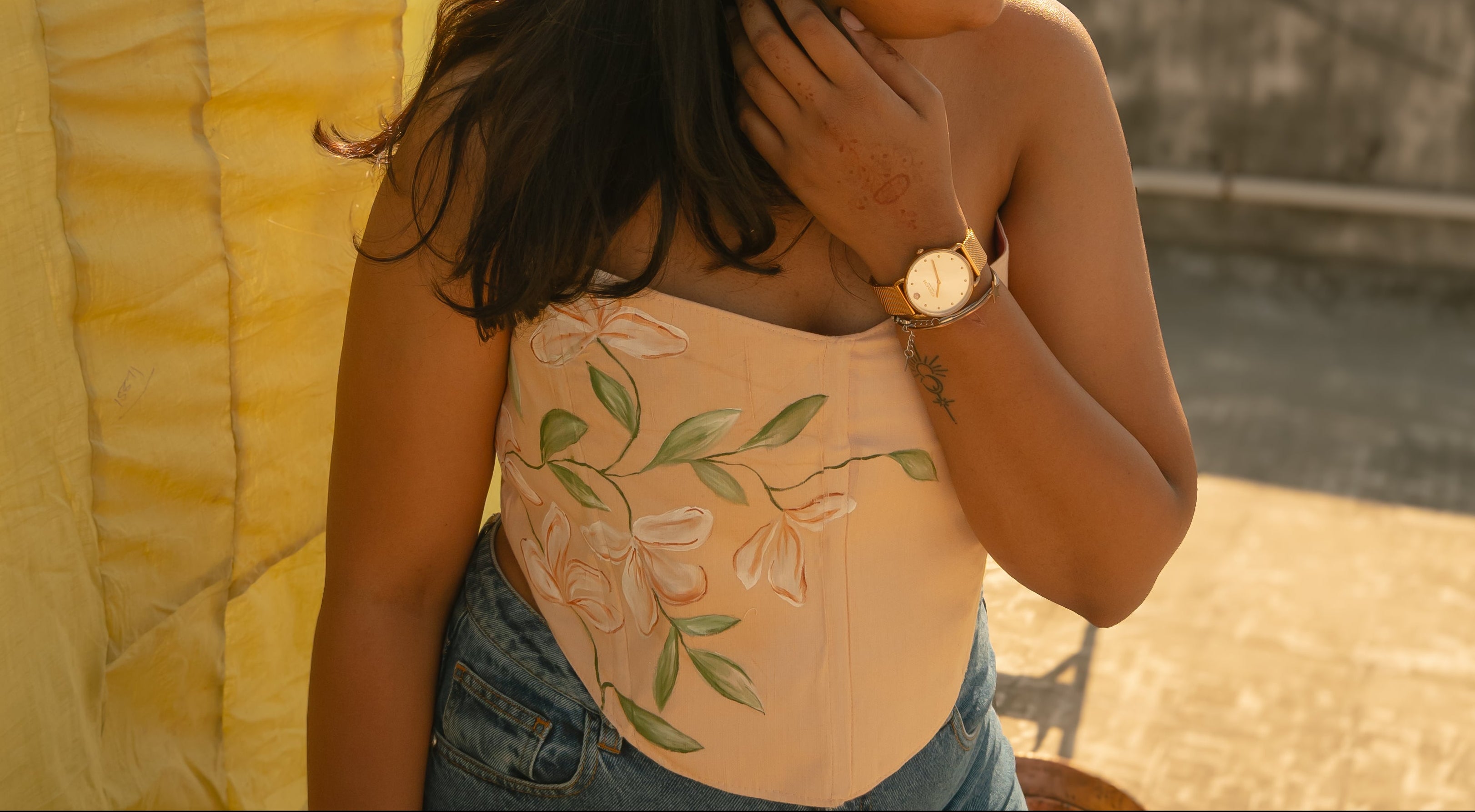 Peach floral corset top with embroidered detailing, party wear corset blouse designed for inclusive sizing and celebrations.