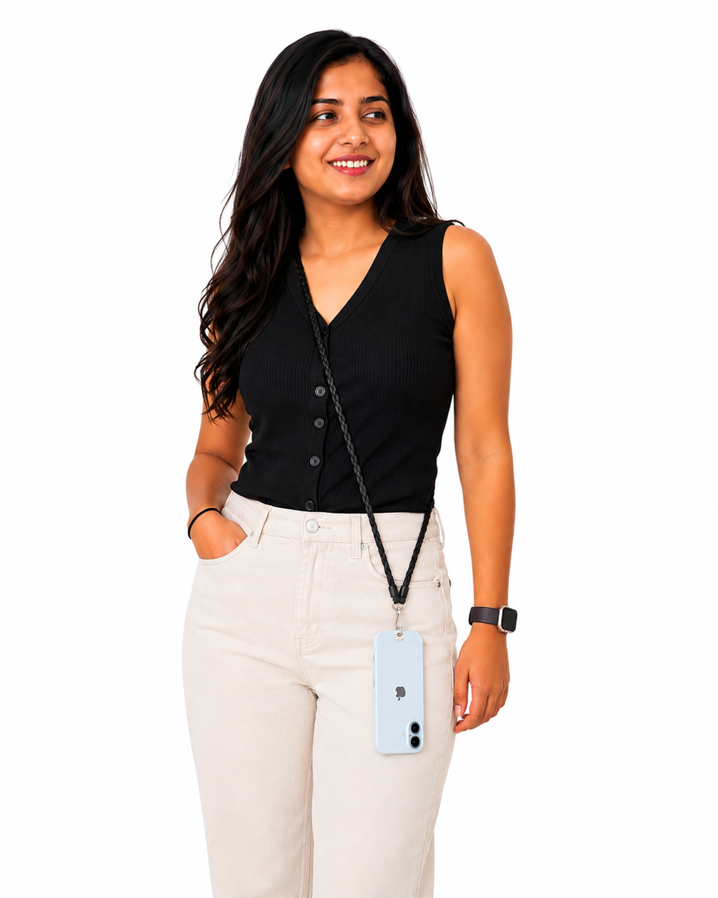 Woman wearing a black sleeveless top and white pants with a lanyard around her neck.