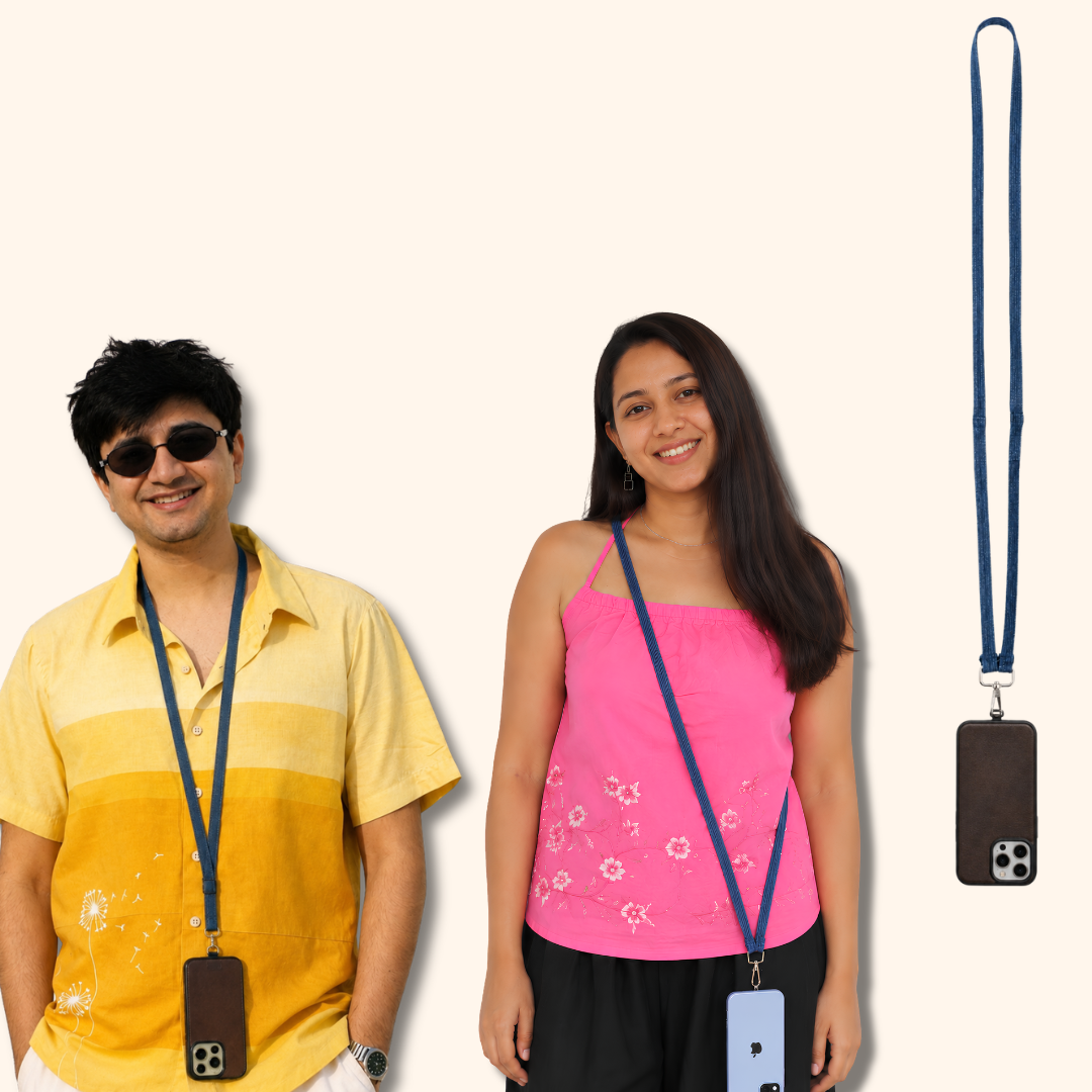 Two models wearing matching navy blue phone lanyards with brown phone cases, alongside a close-up of the navy lanyard and brown case on the right, set against a solid off-white background.