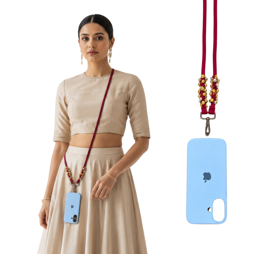A woman wearing a beige crop top and skirt models a red braided phone strap with gold bead accents and a light blue phone case. A floating inset on the right shows the phone strap detail against a white background.