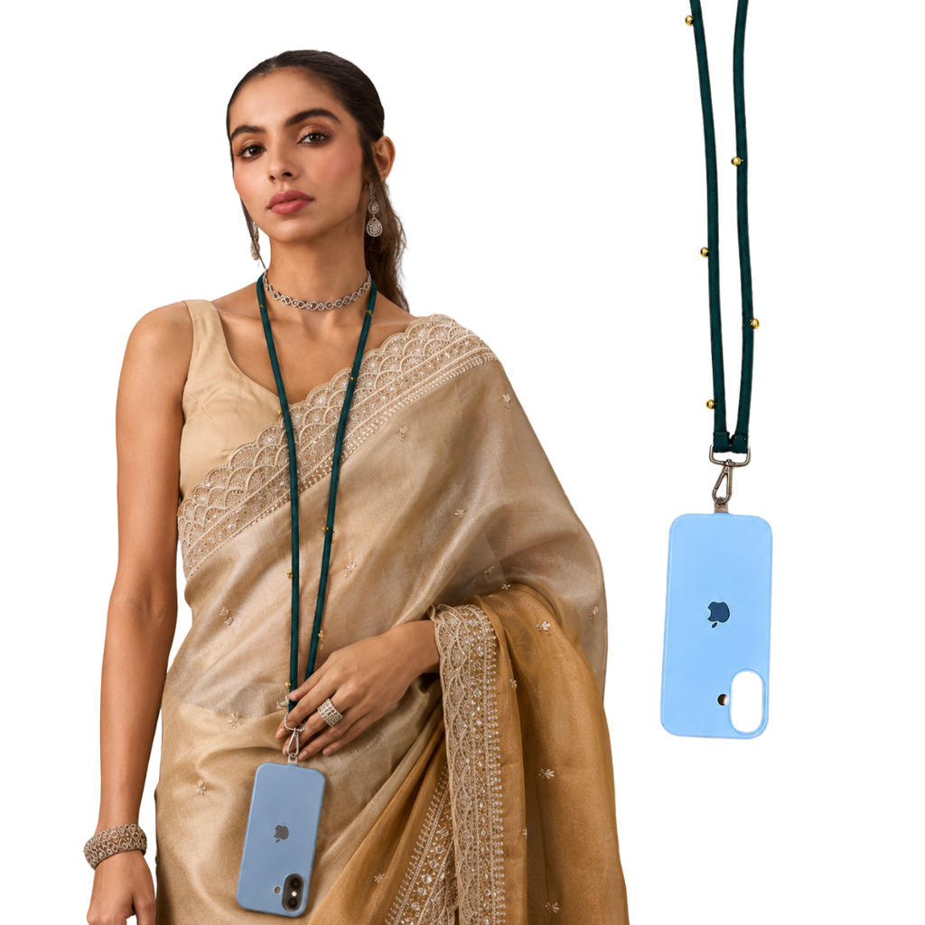 A woman wearing a beige embroidered saree is shown on the left, and a separate phone case with a dark green lanyard is shown on the right against a white background. The phone case is light blue with a camera cutout.