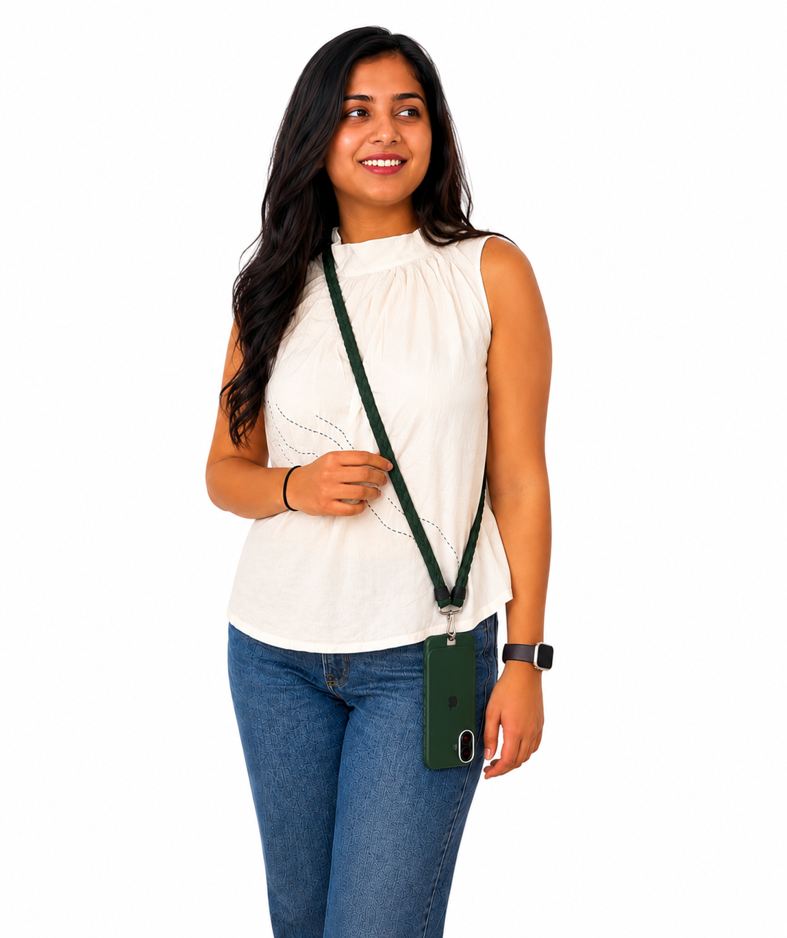 Woman holding a green crossbody bag against a white background