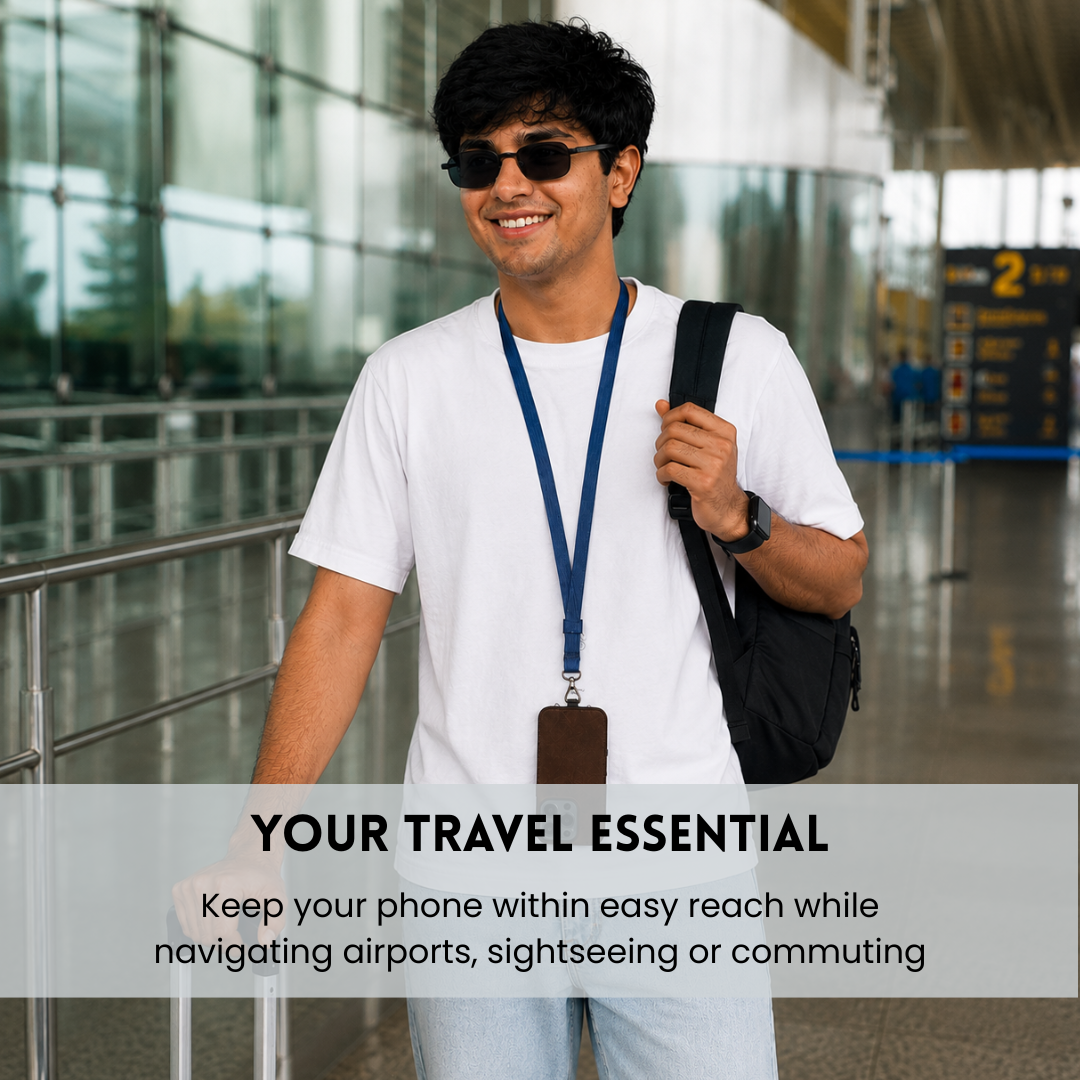 A man wearing sunglasses and a white t-shirt stands in an airport terminal holding a black shoulder bag. He has a blue lanyard with a brown card holder around his neck.
