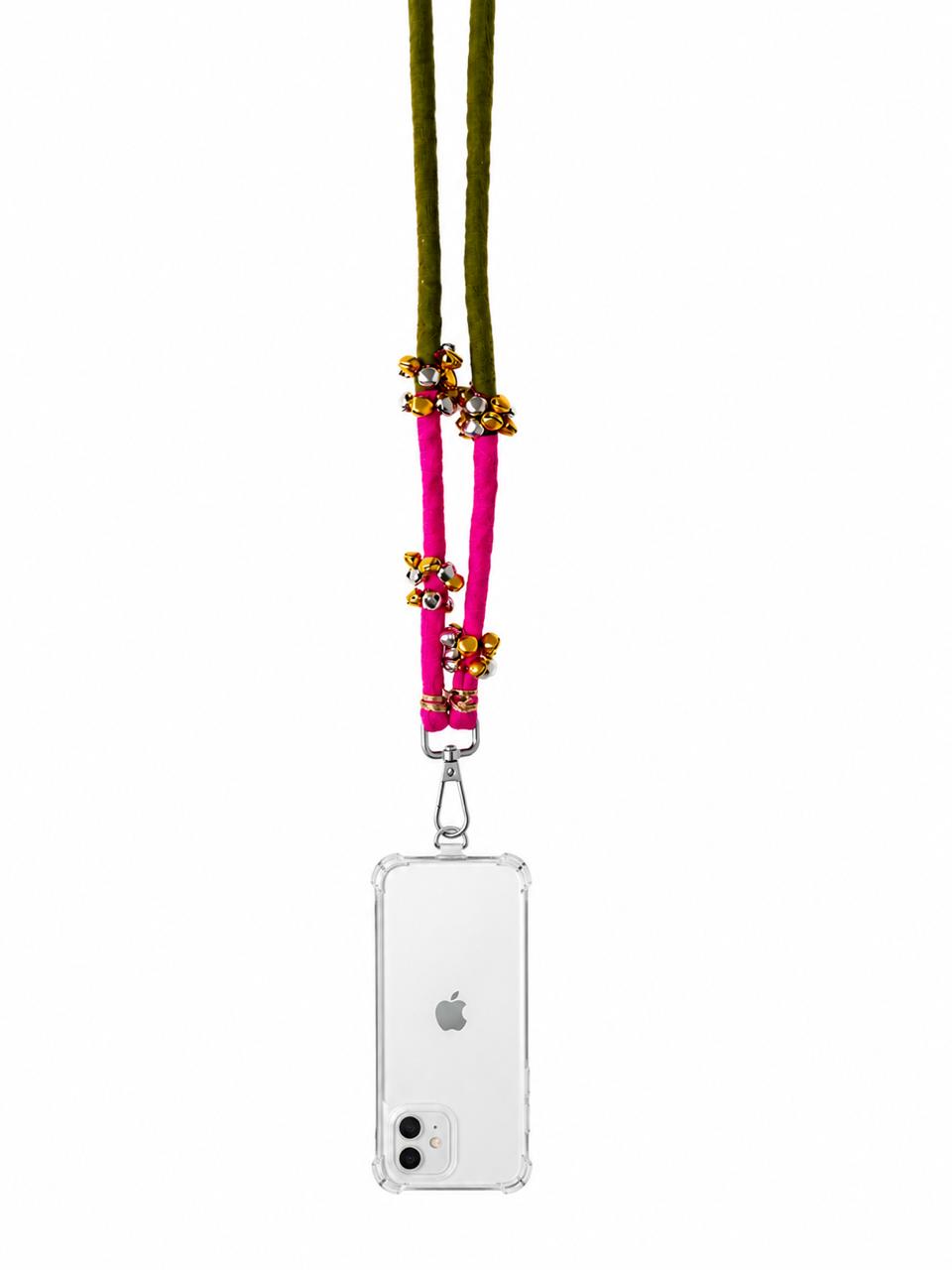 A clear phone case with a silver metal clasp, attached to a vibrant pink and olive green braided cord adorned with small gold beads, shown on a white background.