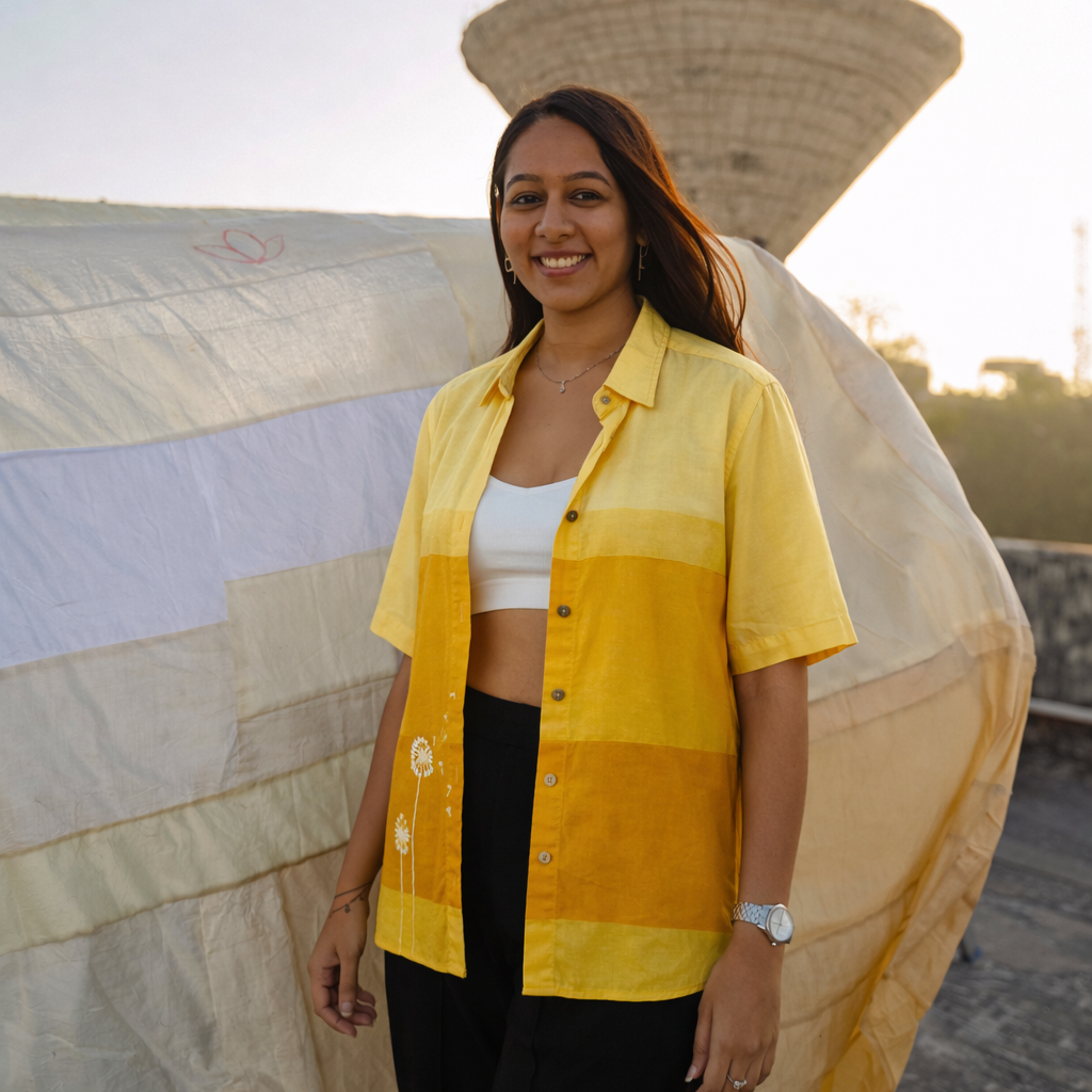 woman wearing yellow cotton shirt with dandelion embroidery & hand painted details