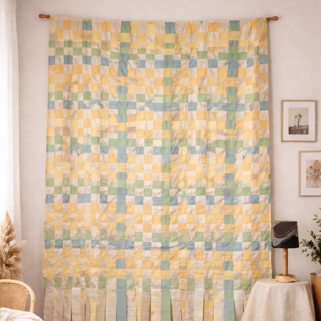 Colorful woven tapestry hanging on a wall in a room with wooden floor and furniture.