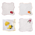 Four hand painted table napkins with fruit designs on a white background