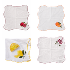 Four hand painted table napkins with fruit designs on a white background