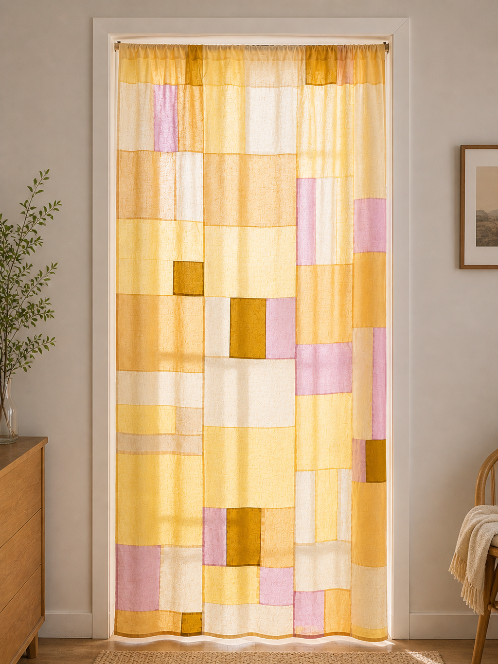 Sheer curtain with colorful square pattern in a room setting