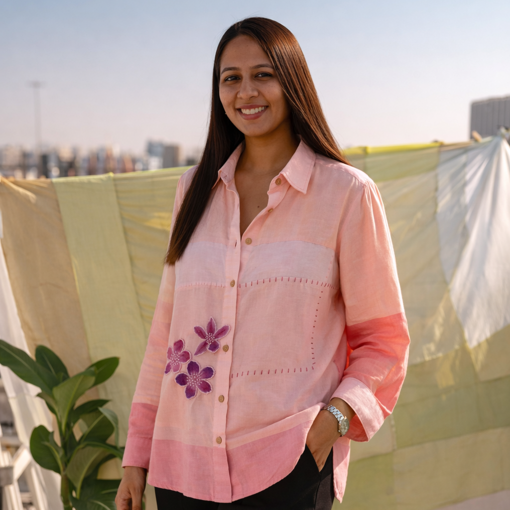 Handmade cotton patchwork shirt in peach and pink with floral embroidery