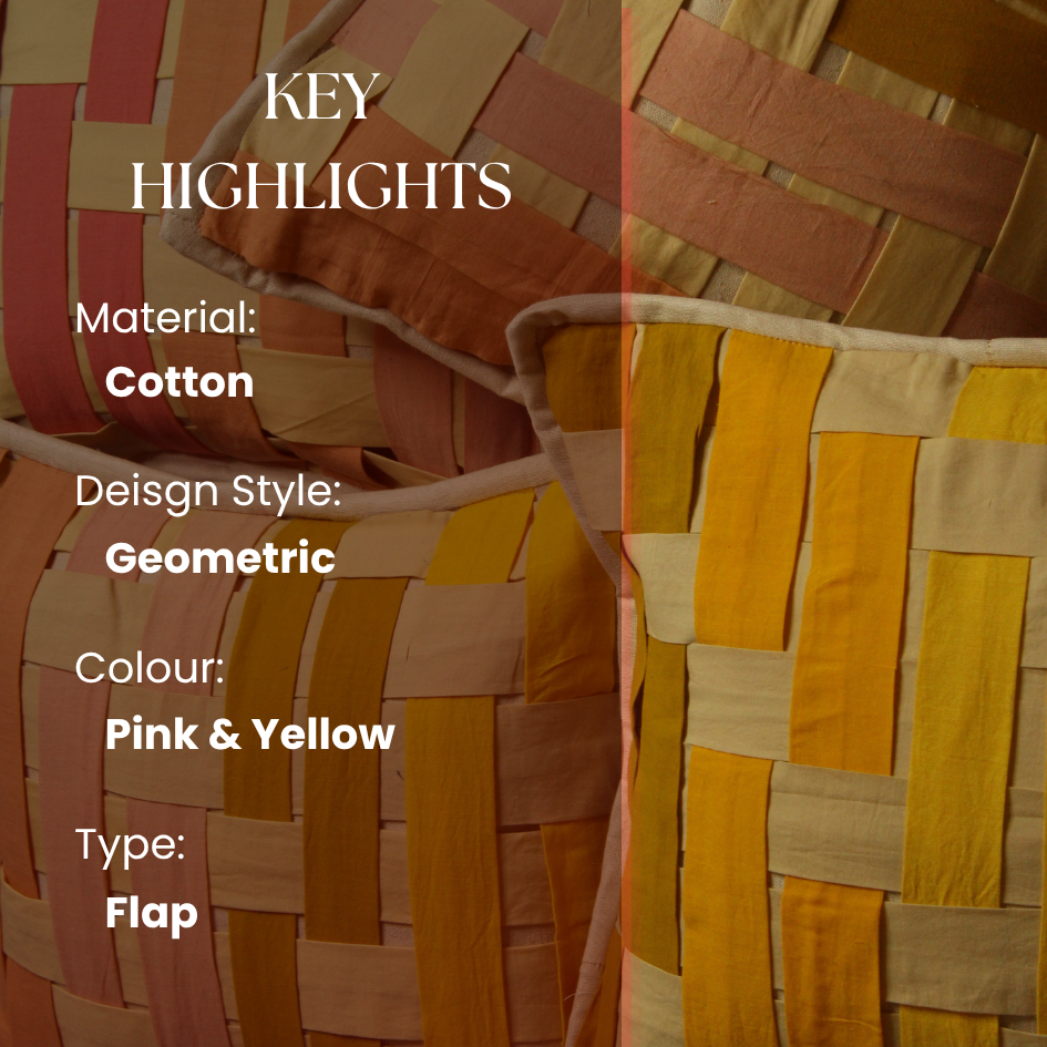 Cotton flap with geometric design in pink and yellow on a woven background