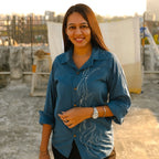 Blue pure cotton shirt with hand painted details for women