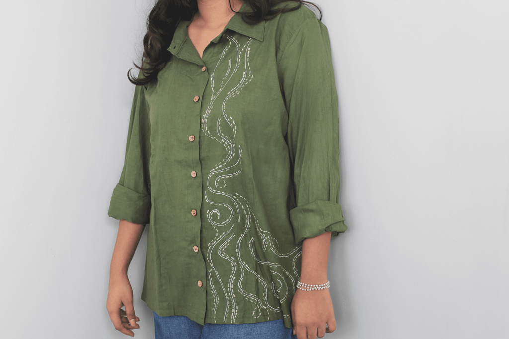 Olive Green pure cotton shirt with hand painted details for women