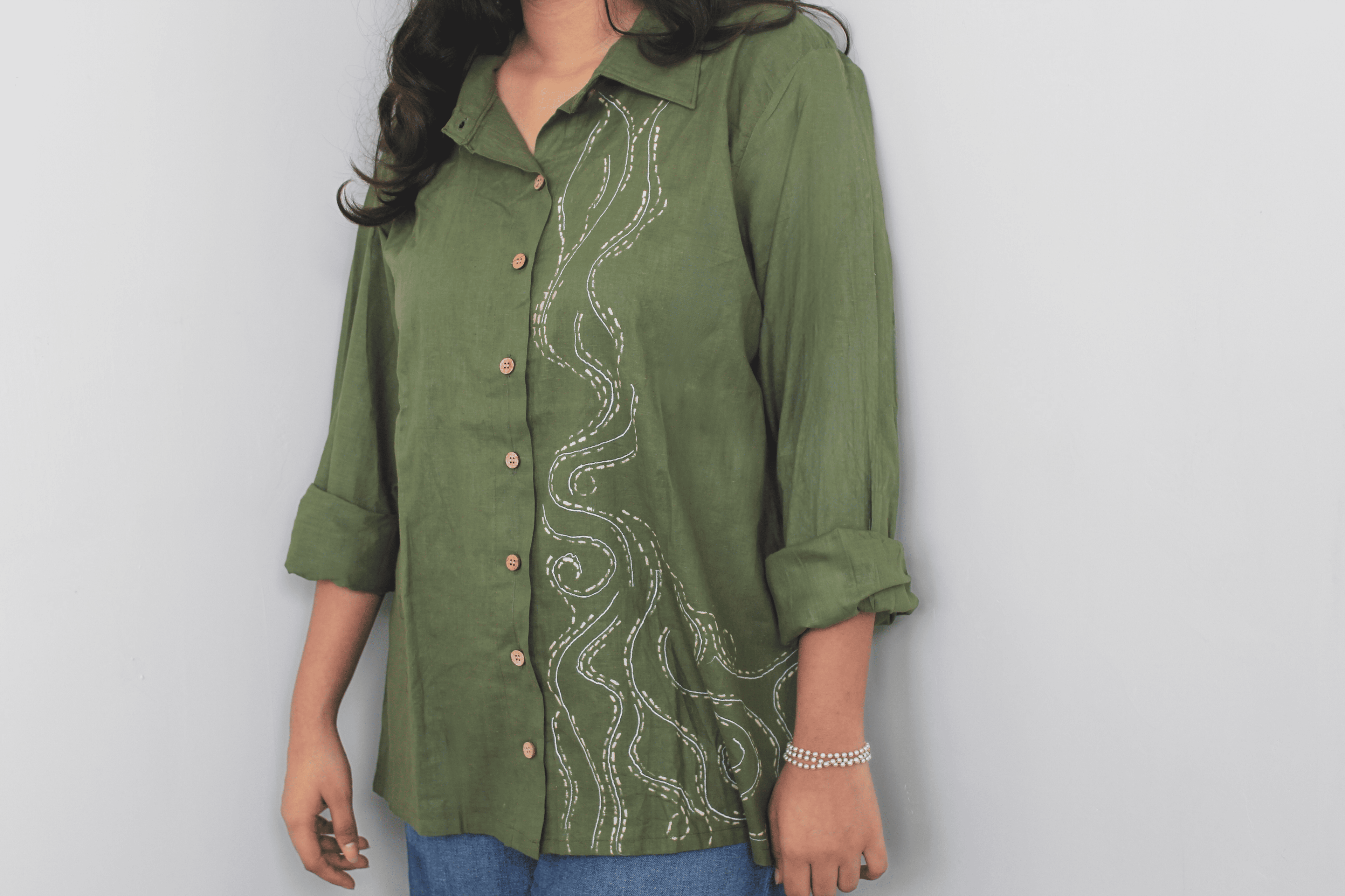 Olive Green pure cotton shirt with hand painted details for women