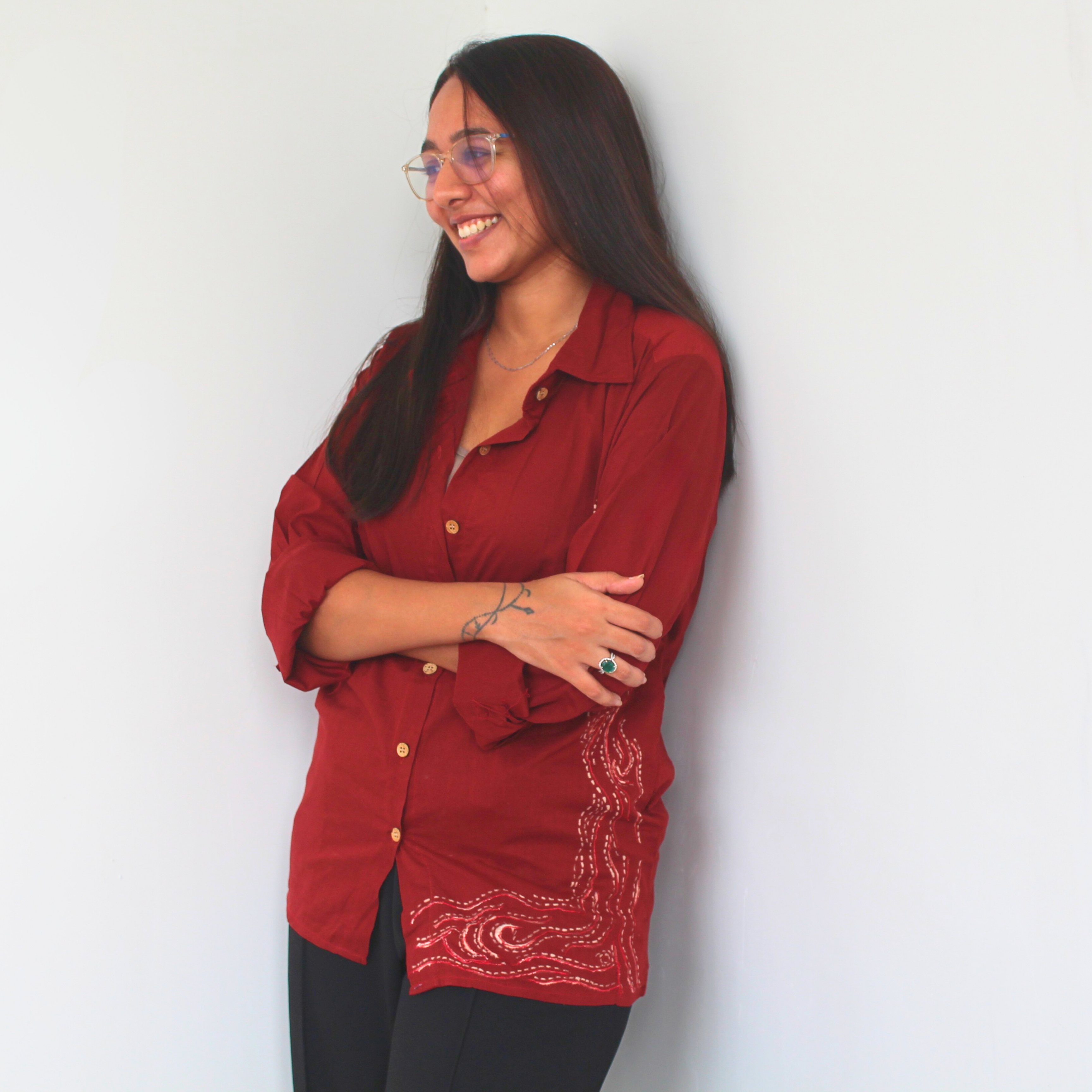 Red Pure cotton Shirt with hand painted details in white for everyday wear