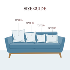 Size guide for pillows on a blue sofa with dimensions indicated.