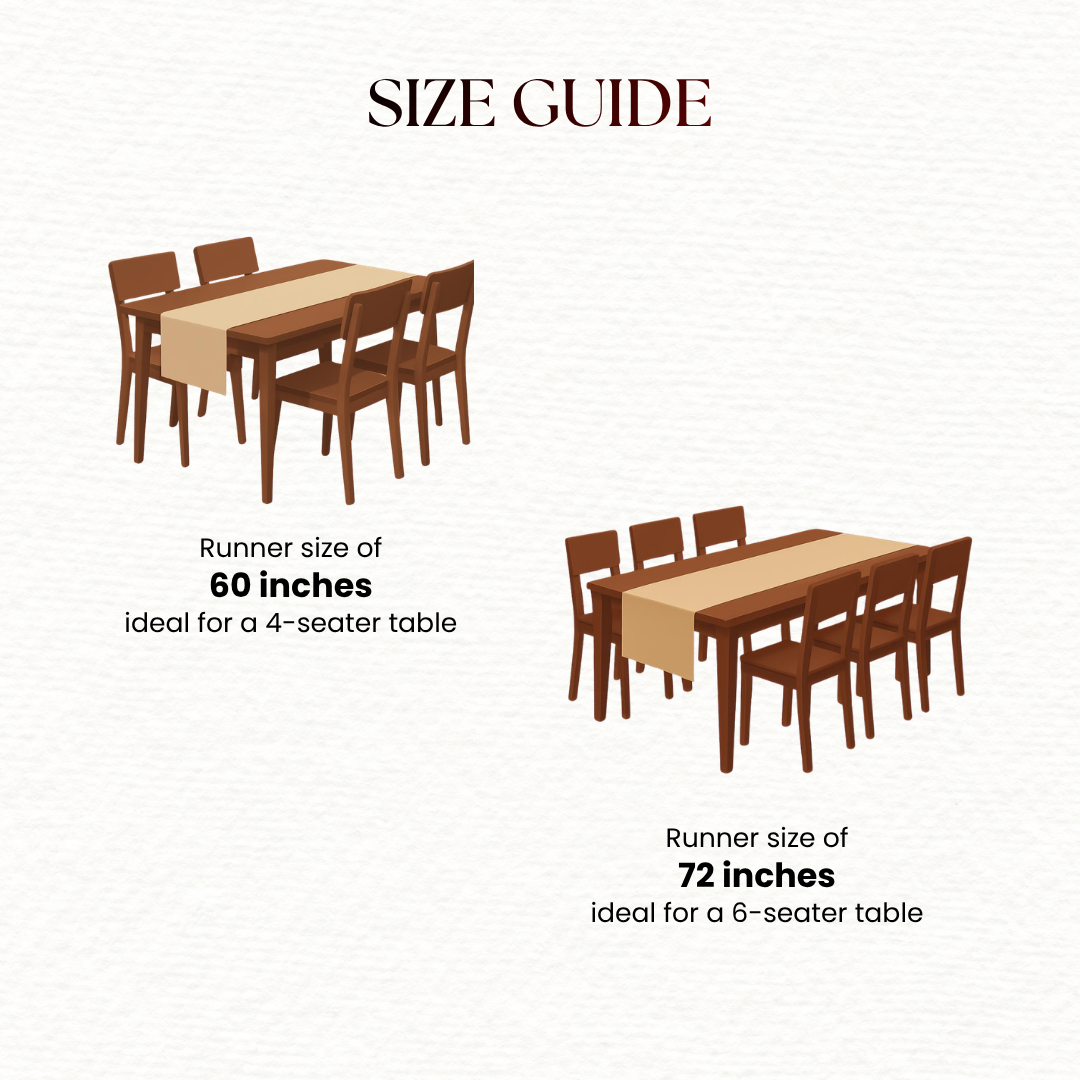 Size guide for table runners showing different lengths suitable for 4-seater and 6-seater tables.