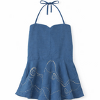 Blue cotton halter top with starry night inspired swirling stitch detail, lightweight summer top for casual outfits and vacations.