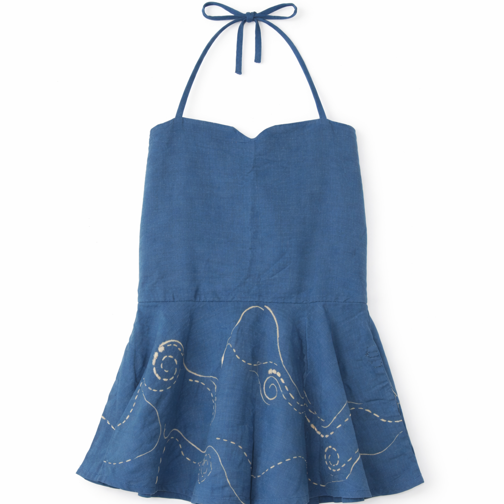 Blue cotton halter top with starry night inspired swirling stitch detail, lightweight summer top for casual outfits and vacations.