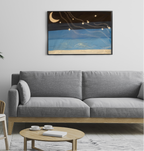 Textile wall art featuring hand painted night sky with moon and stars, detailed with kantha embroidery on fabric, modern wall decor for living room interiors.