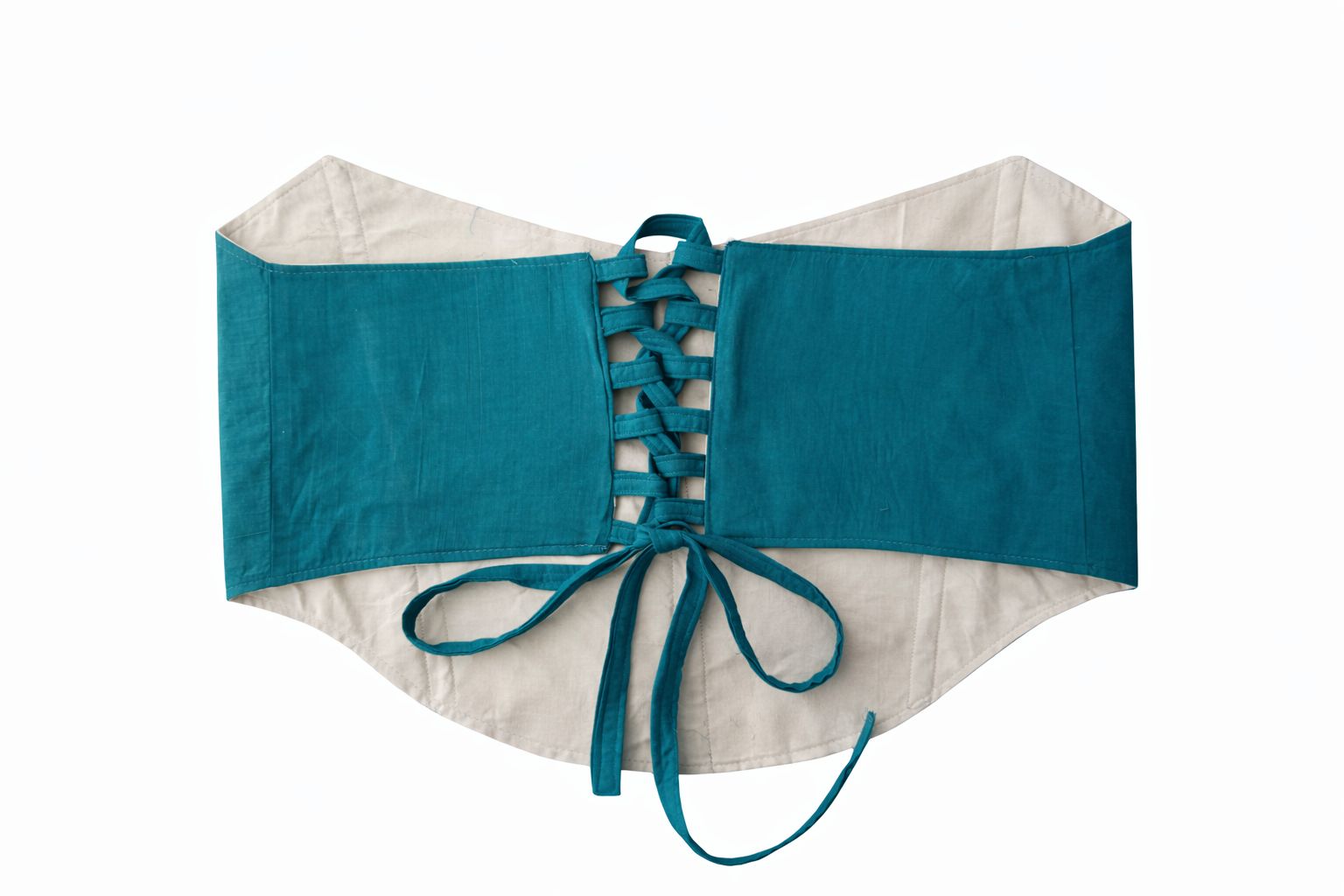 Teal corset-style top with lace-up front on a white background