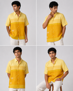 A man modeling a short-sleeve button-up shirt in a four-panel collage. The shirt has a color-blocked design with a light yellow upper section and a darker golden-yellow lower section, paired with white pants against a plain light gray studio background.
