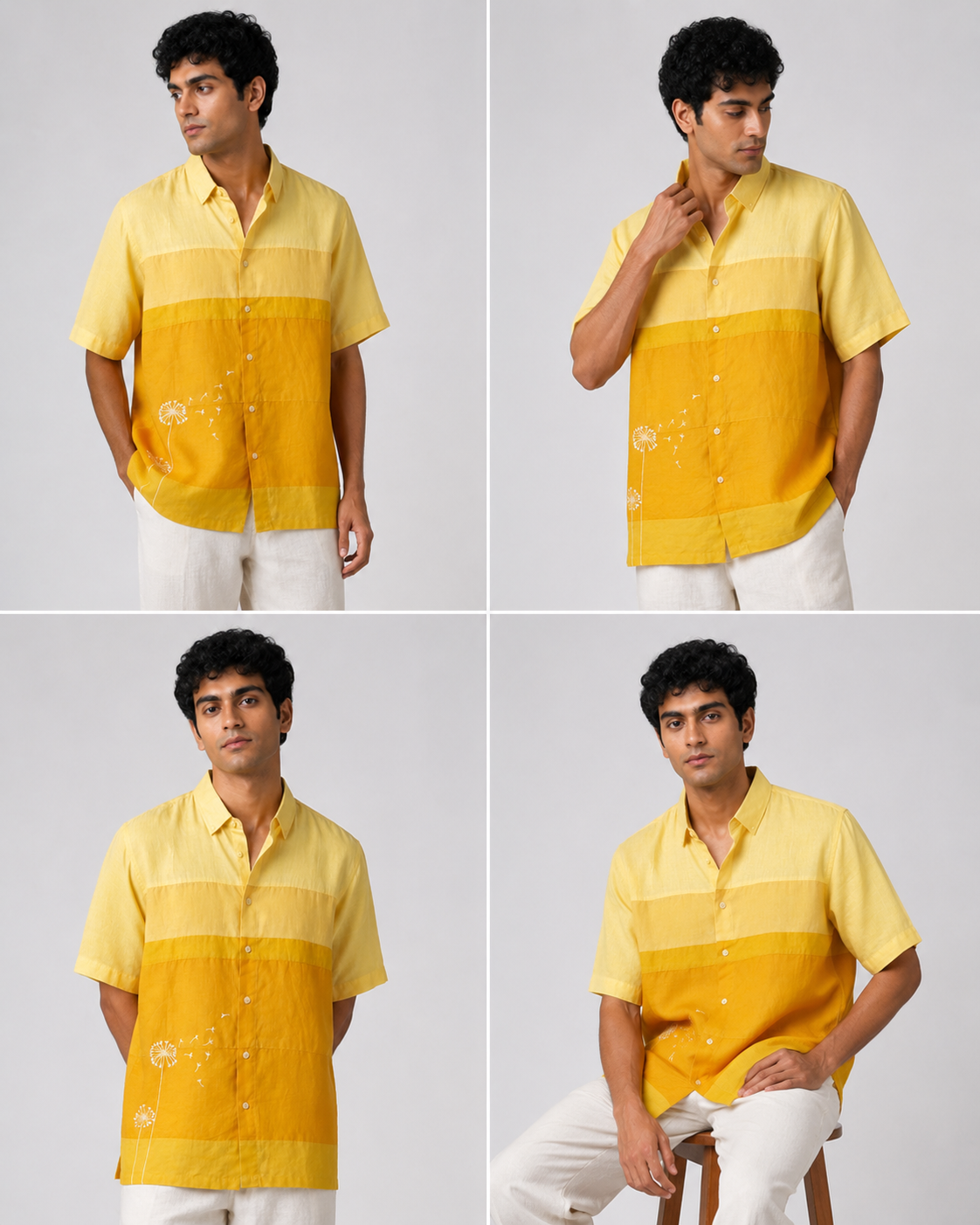 A man modeling a short-sleeve button-up shirt in a four-panel collage. The shirt has a color-blocked design with a light yellow upper section and a darker golden-yellow lower section, paired with white pants against a plain light gray studio background.
