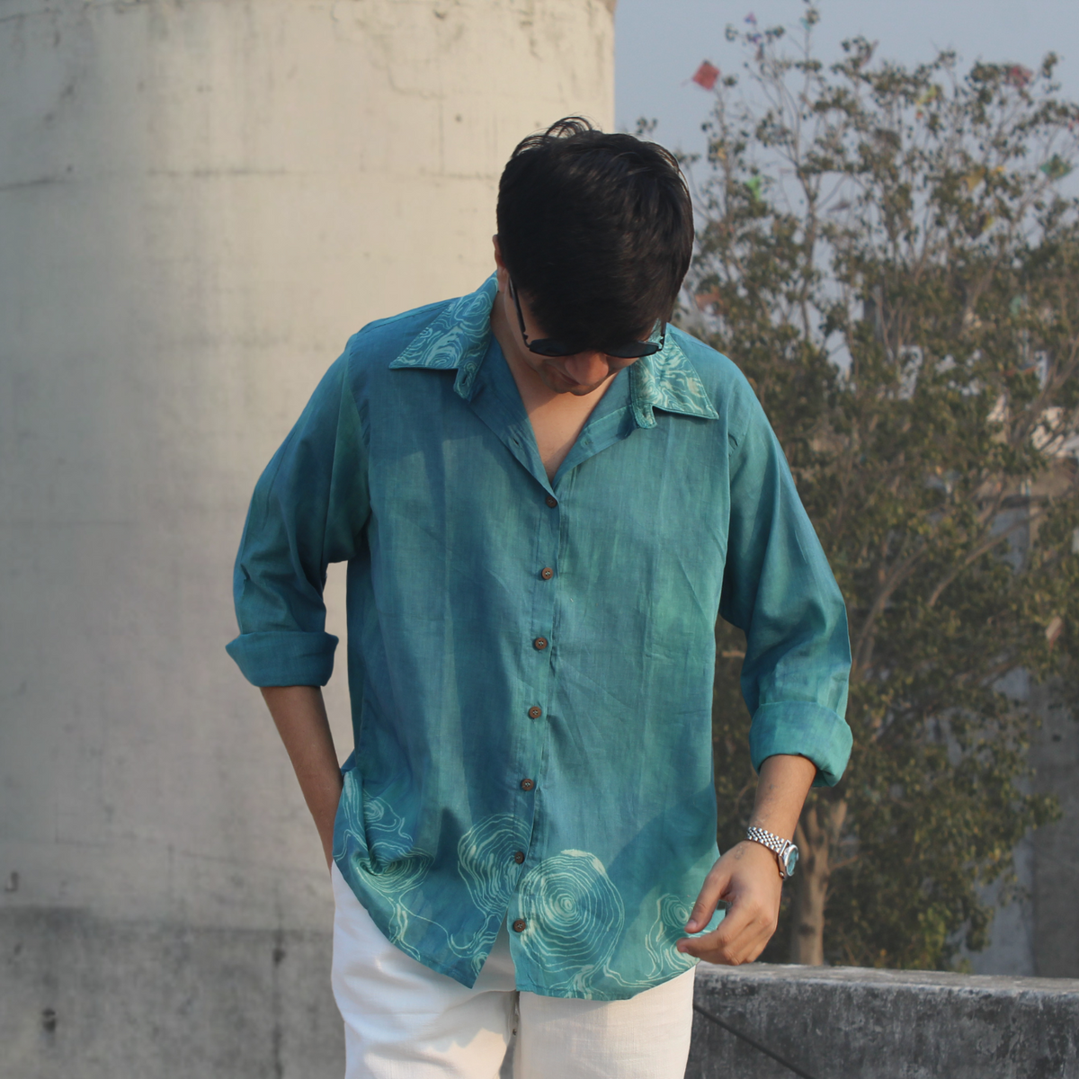 Hand Painted Unisex Relaxed Fit Shirt in Teal