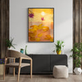 Living room with a painting of flowers on the wall, a chair, and decorative plants.