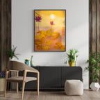 Living room with a painting of flowers on the wall, a chair, and decorative plants.