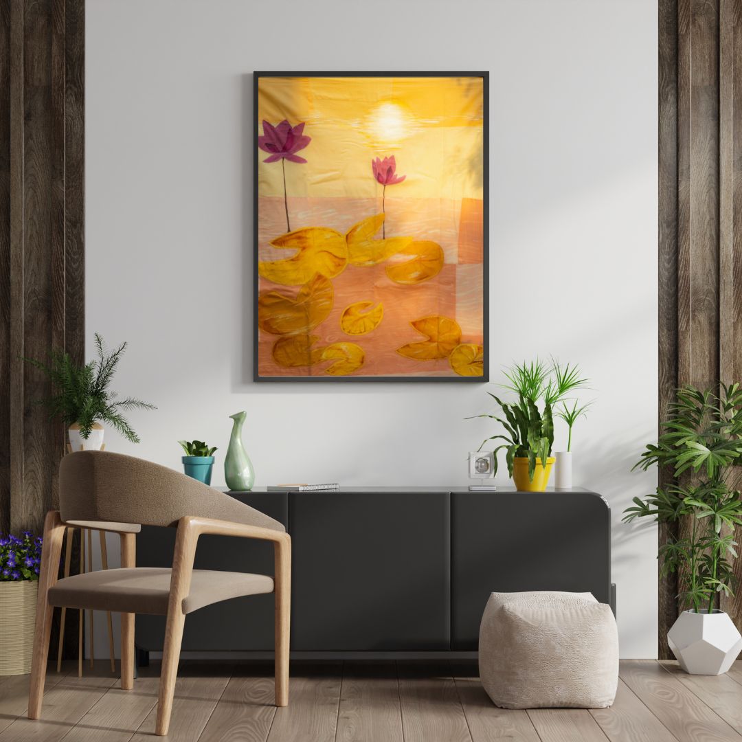 Living room with a painting of flowers on the wall, a chair, and decorative plants.