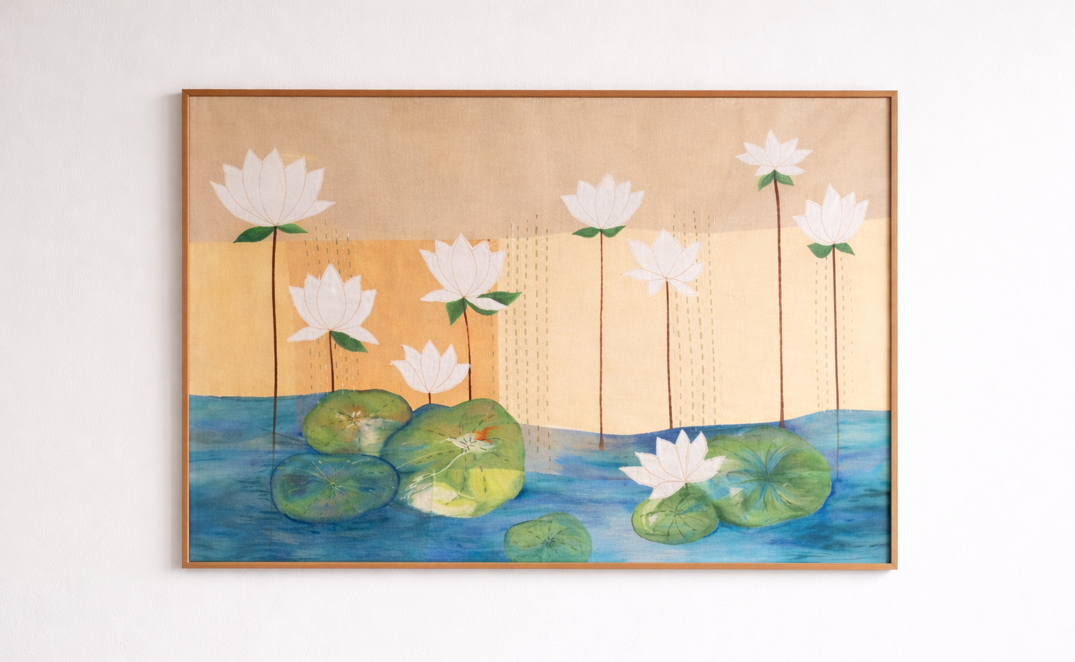 Framed textile artwork of lotus on a beige background