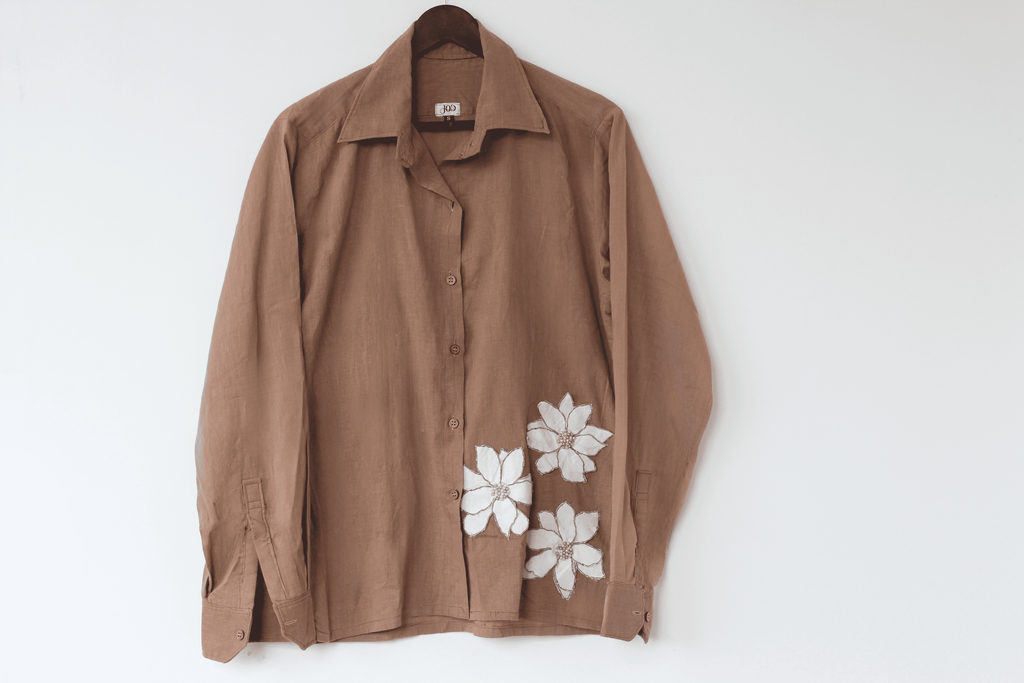 Ocassion wear beige shirt with white floral patterns with beaded details