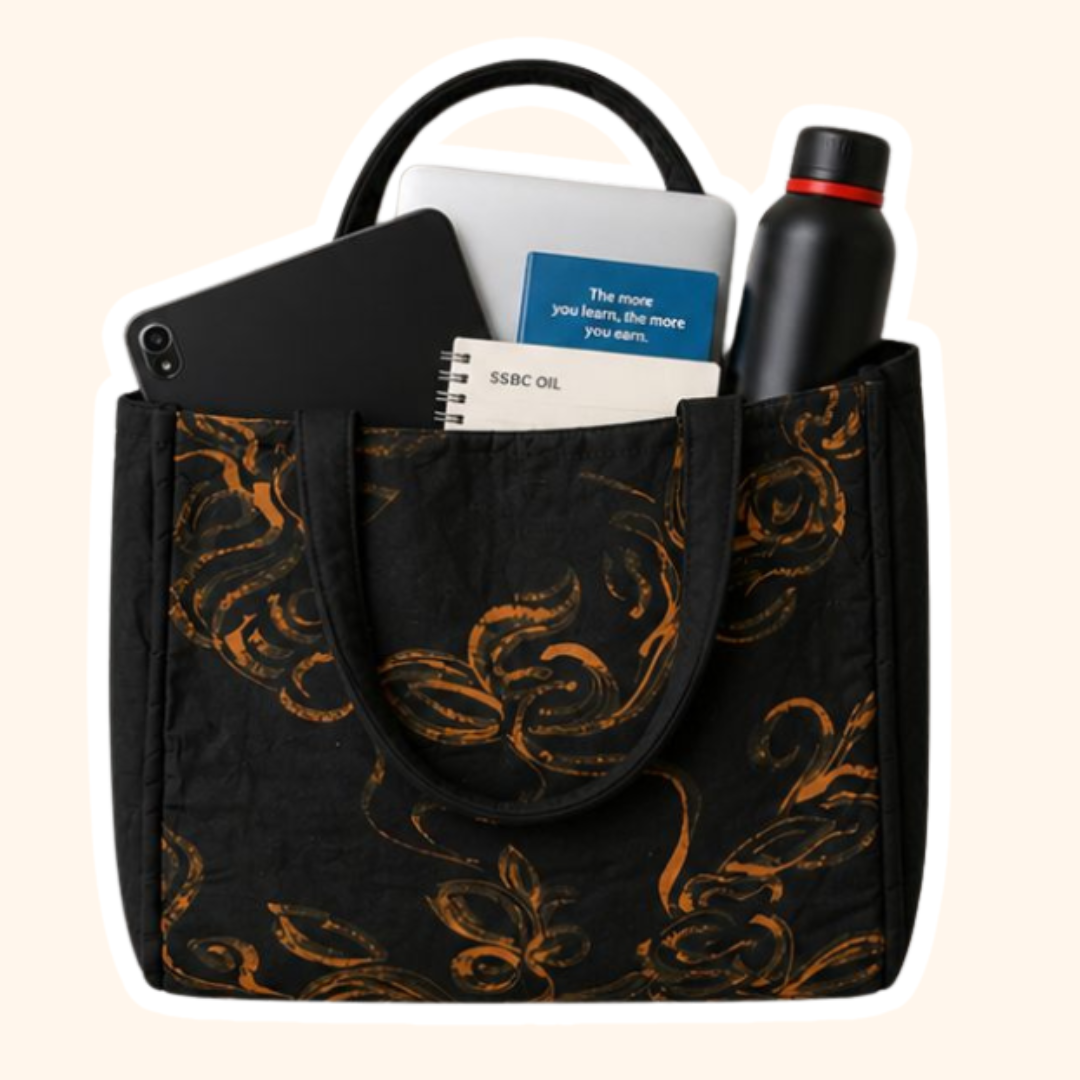 A black tote bag with a gold floral damask pattern, shown filled with travel accessories including a black tablet case, a notebook, a blue card, and a black bottle, set against a solid cream background.